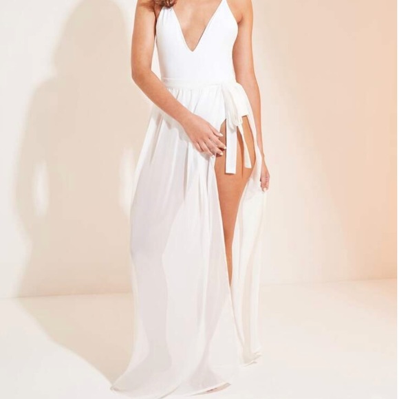 White swimwear cover up long skirt wrap - Picture 2 of 5